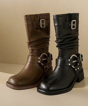 Brown Buckle Strap Design Stylish Splicing Chunky Biker Boots