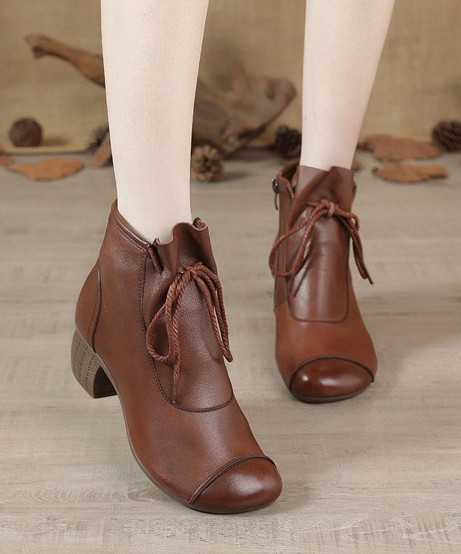 Brown Chunky Cowhide Leather Simple Splicing Ankle boots - bagstylebliss