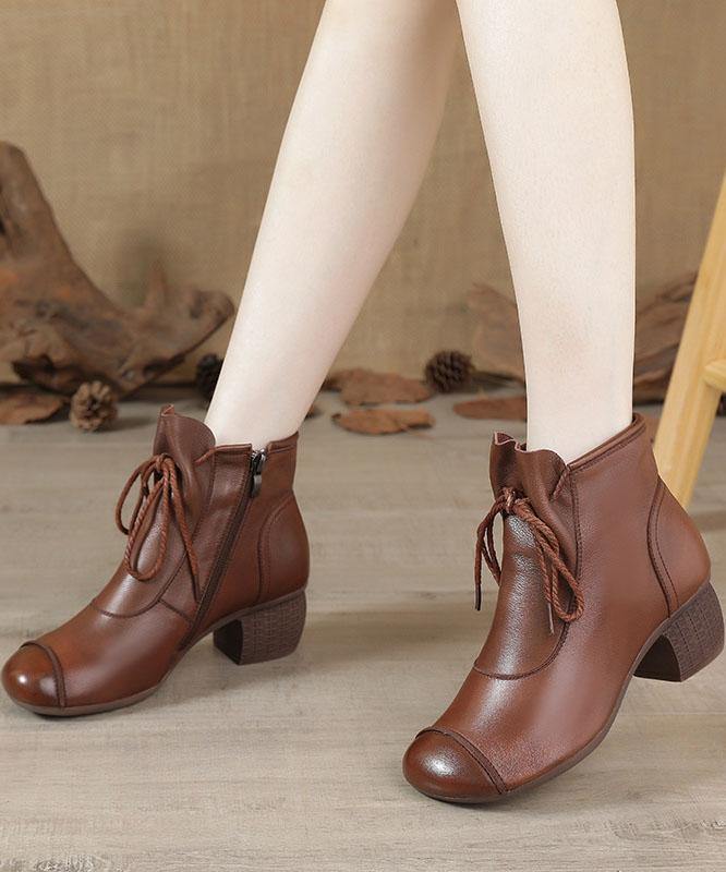 Brown Chunky Cowhide Leather Simple Splicing Ankle boots - bagstylebliss