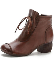 Brown Chunky Cowhide Leather Simple Splicing Ankle boots - bagstylebliss