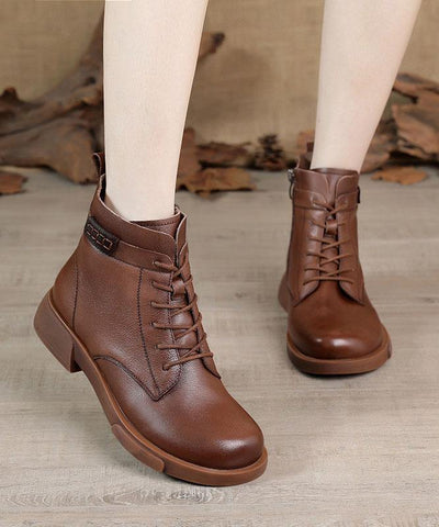 Brown Cowhide Leather Boots Cross Strap Ankle boots - bagstylebliss