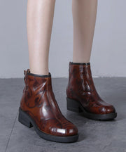 Brown Embossed Boots Zippered Splicing Chunky Cowhide Leather