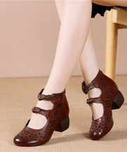 Brown High Heels Chunky Cowhide Leather Vintage Hollow Out High Heels