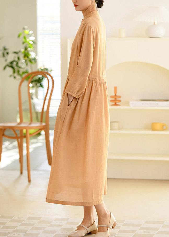 Brown Lace Up Patchwork Linen Long Dress Button Long Sleeve