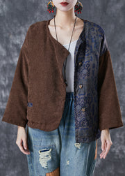 Brown Patchwork Fine Cotton Filled Parka Jacket Asymmetrical Winter