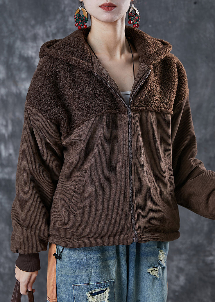 Brown Patchwork Warm Fleece Jacket Hooded Winter