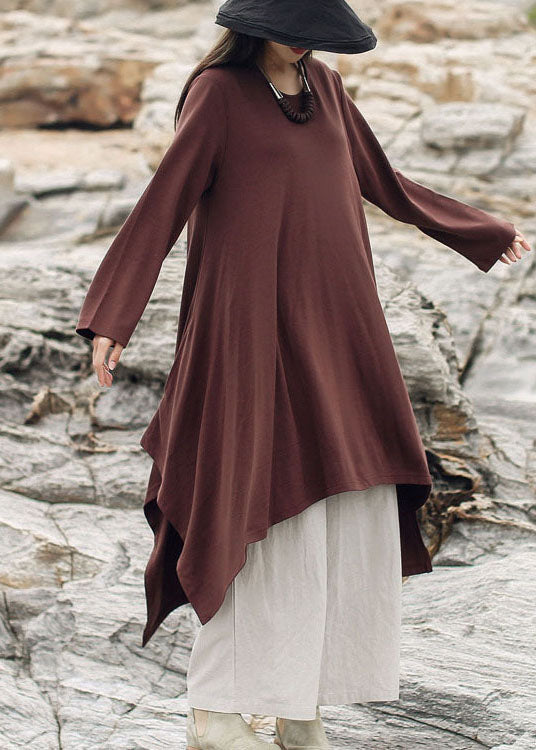 Brown Pockets Cotton Dress Asymmetrical Spring