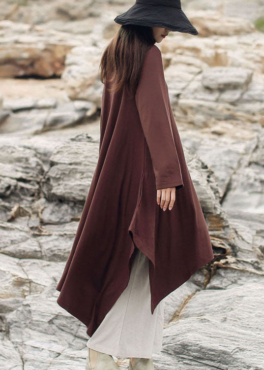 Brown Pockets Cotton Dress Asymmetrical Spring