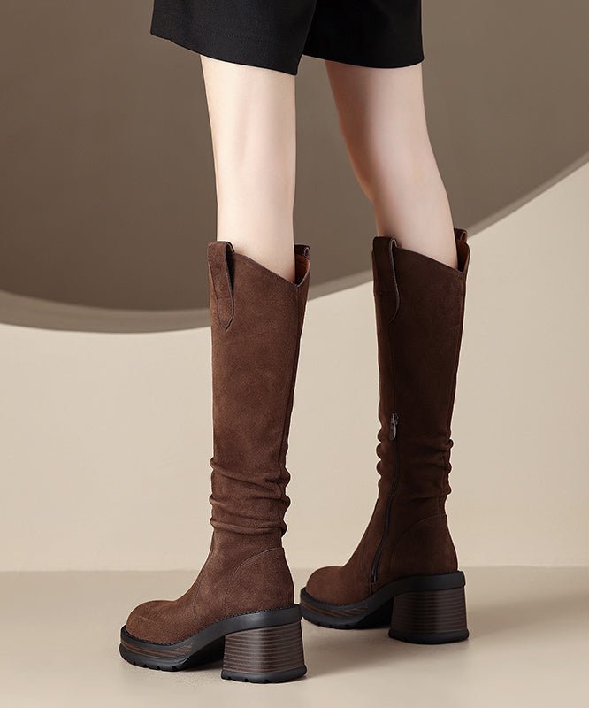 Brown Stylish Splicing Wrinkled Chunky Suede Long Boots