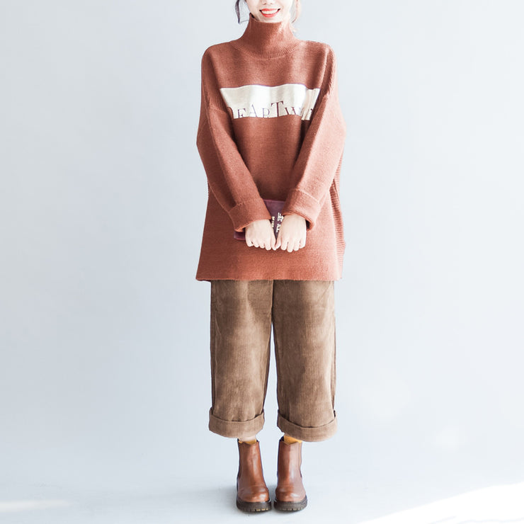 Brown oversized women knit sweaters vintage turtle neck warm knit tops pullover