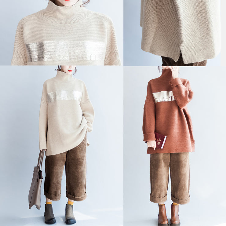 Brown oversized women knit sweaters vintage turtle neck warm knit tops pullover