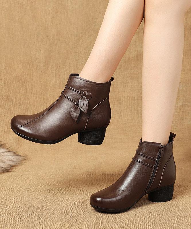 Brown zippered Cowhide Leather Boots Splicing Boots - bagstylebliss