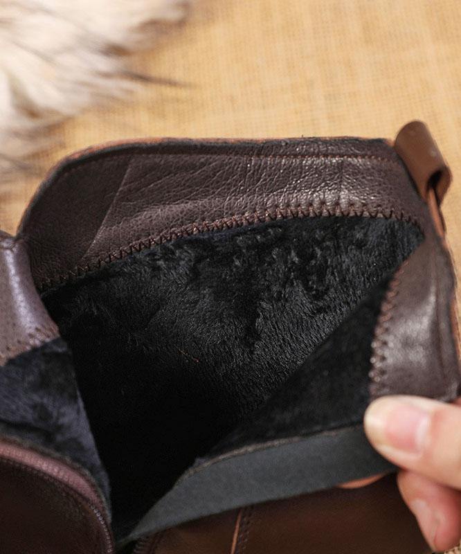 Brown zippered Cowhide Leather Boots Splicing Boots - bagstylebliss