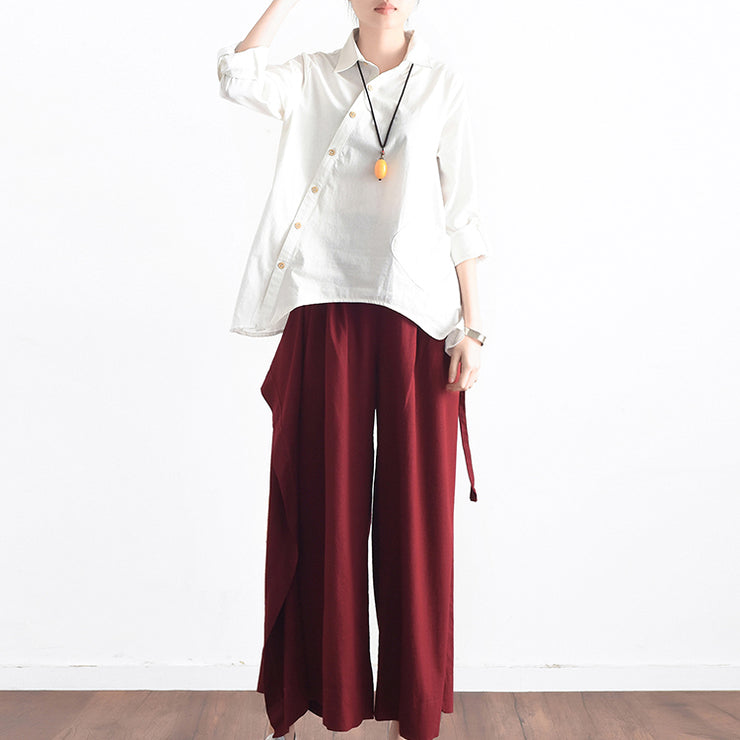 Burgunder asymmetrische Cropped-Hose aus Leinen Oversize-Hose mit weitem Bein