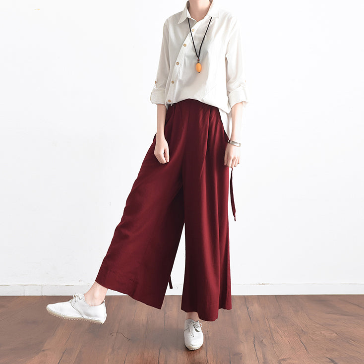 Burgunder asymmetrische Cropped-Hose aus Leinen Oversize-Hose mit weitem Bein