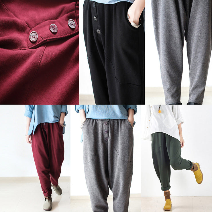 Burgundy warm winter pants thick cotton pants casual style buttons up