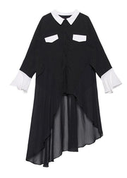 Buy black chiffon Long Shirts Work Outfits asymmetric Plus Size Clothing lapel Dresses - bagstylebliss