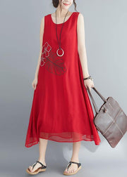 Buy red cotton blended Robes Women Shirts Sleeveless embroidery long Summer Dress - bagstylebliss