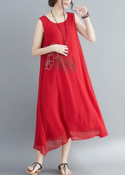 Buy red cotton blended Robes Women Shirts Sleeveless embroidery long Summer Dress - bagstylebliss