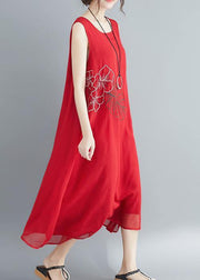 Buy red cotton blended Robes Women Shirts Sleeveless embroidery long Summer Dress - bagstylebliss