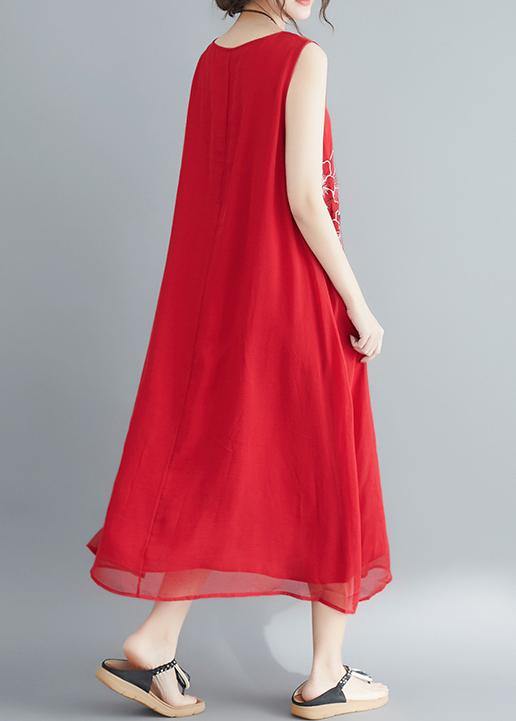 Buy red cotton blended Robes Women Shirts Sleeveless embroidery long Summer Dress - bagstylebliss