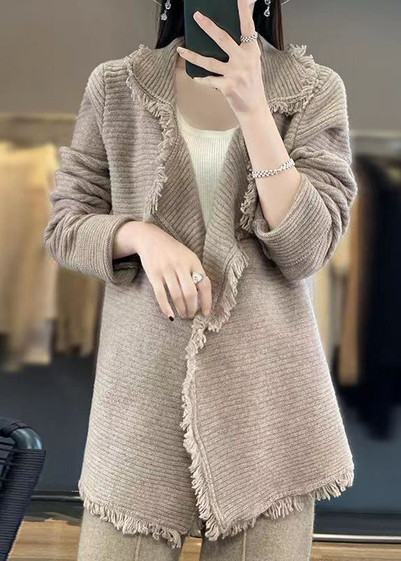 Camel Cozy Patchwork Wool Cardigan Peter Pan Collar Long Sleeve