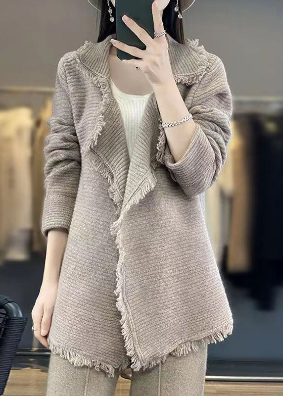 Camel Cozy Patchwork Wool Cardigan Peter Pan Collar Long Sleeve