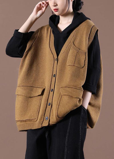 Camel Knitted  Waistcoat V Neck women sweatar vest - bagstylebliss