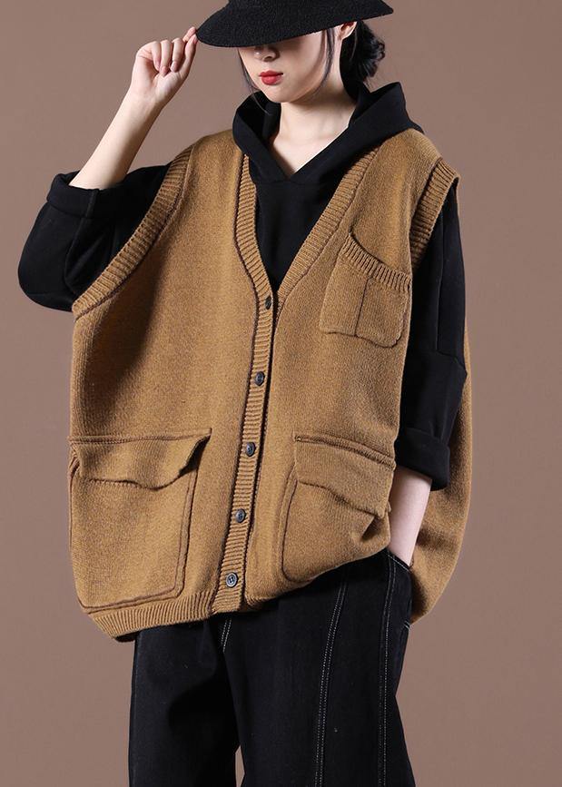 Camel Knitted  Waistcoat V Neck women sweatar vest - bagstylebliss