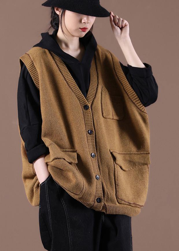 Camel Knitted  Waistcoat V Neck women sweatar vest - bagstylebliss