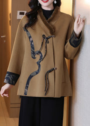 Camel Mink Hair Patchwork Wool Coat V Neck Spring