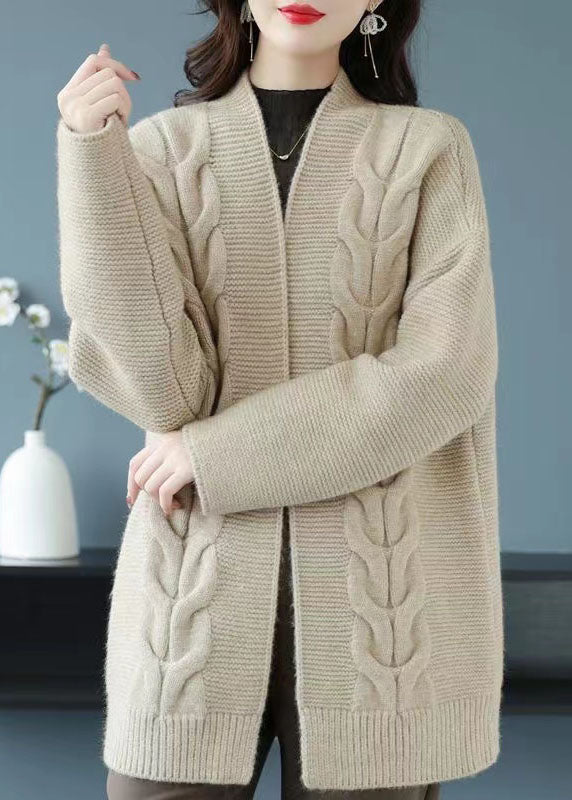 Camel Patchwork Women Thick Wool Cardigans V Neck Fall