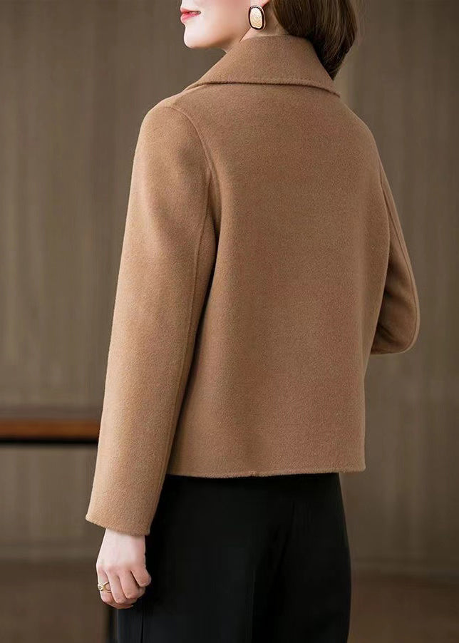 Camel Peter Pan Collar Woolen Coat Long Sleeve