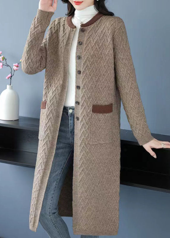 Camel Pockets Patchwork Long Wool Outwear O Neck Button Fall