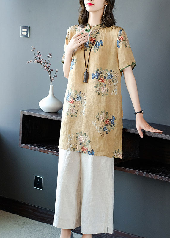 Camel Print Linen Long Shirt Ang Pant Two Piece Set Outfits Side Open Summer