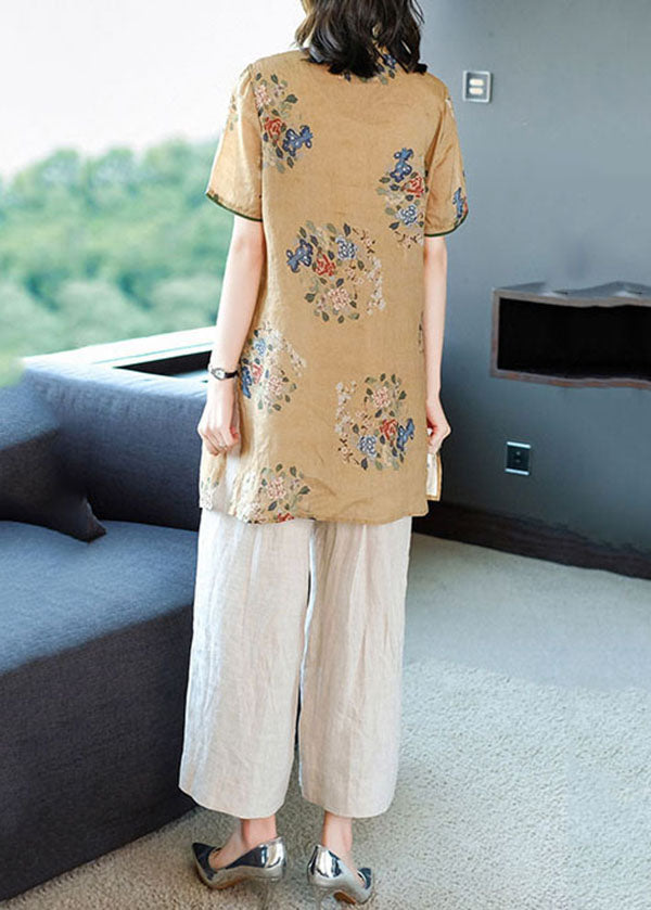 Camel Print Linen Long Shirt Ang Pant Two Piece Set Outfits Side Open Summer