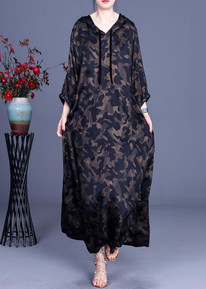 Camouflage Hooded Print Casual Summer Silk Long Dresses - bagstylebliss