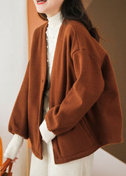 Caramel Oversized Woolen Coats V Neck Solid Winter