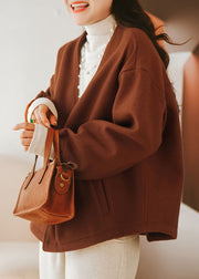 Caramel Oversized Woolen Coats V Neck Solid Winter