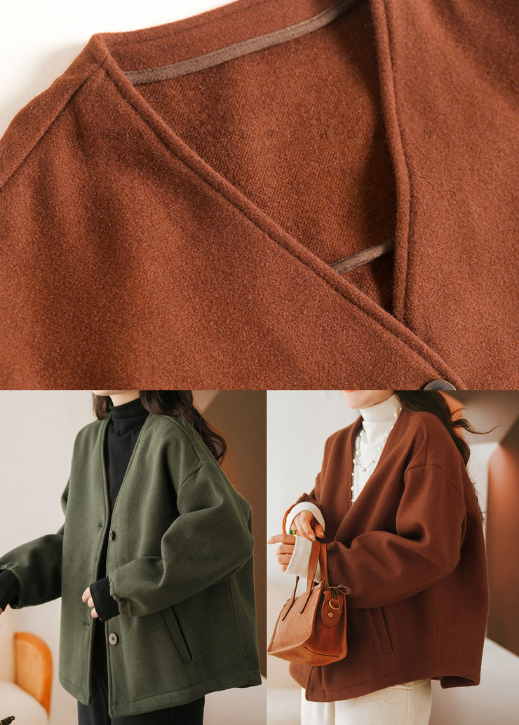 Caramel Oversized Woolen Coats V Neck Solid Winter