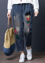 Cartoon Embroidery Hollow Drawstring Waist Denim Jeans - bagstylebliss