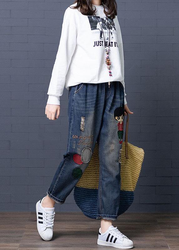 Cartoon Embroidery Hollow Drawstring Waist Denim Jeans - bagstylebliss