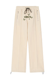 Casual Apricot Butterfly Embroidered Warm Fleece Wide Leg Pants Spring