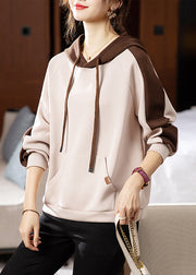 Casual Apricot Hooded Pockets Patchwork Cotton Sweatshirt Fall