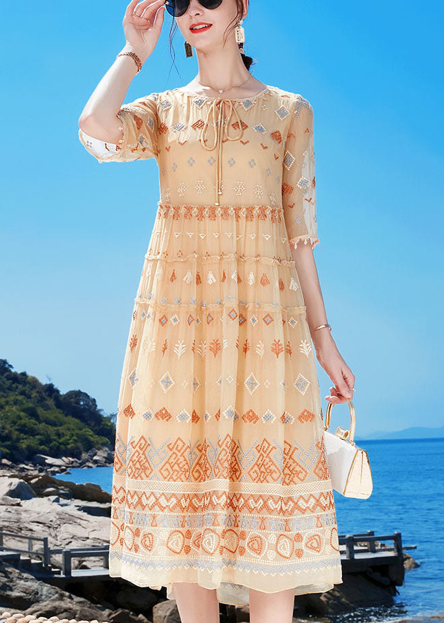 Casual Apricot O-Neck Ruffled Print Tassel Silk Holiday Dress Half Sleeve