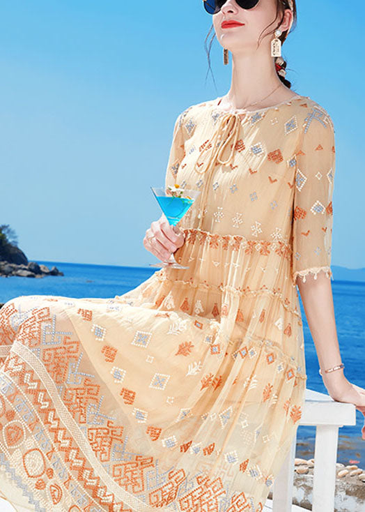 Casual Apricot O-Neck Ruffled Print Tassel Silk Holiday Dress Half Sleeve