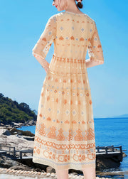 Casual Apricot O-Neck Ruffled Print Tassel Silk Holiday Dress Half Sleeve