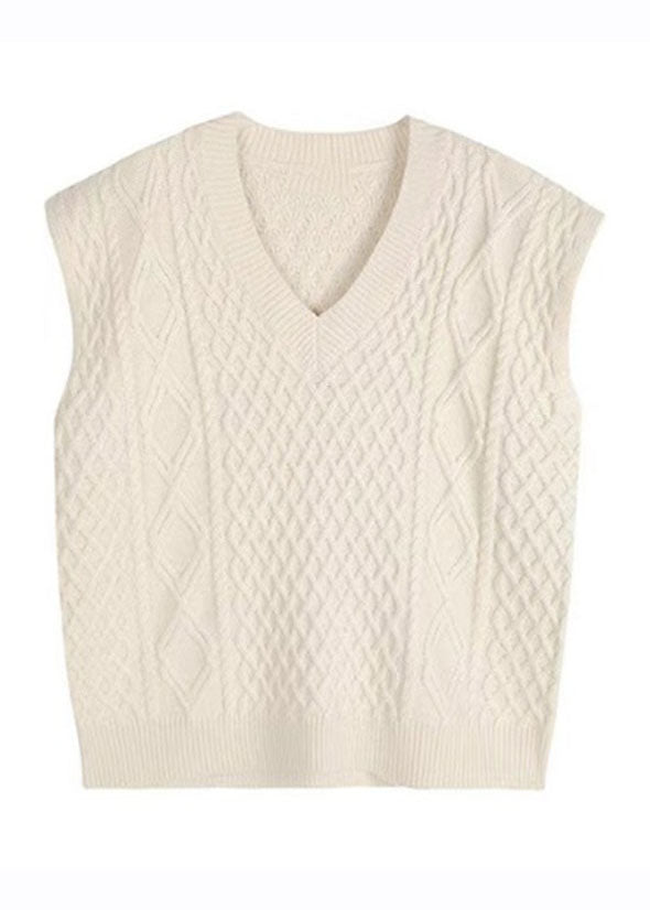 Casual Apricot V Neck Cozy Cable Cotton Knit Cardigans Sleeveless