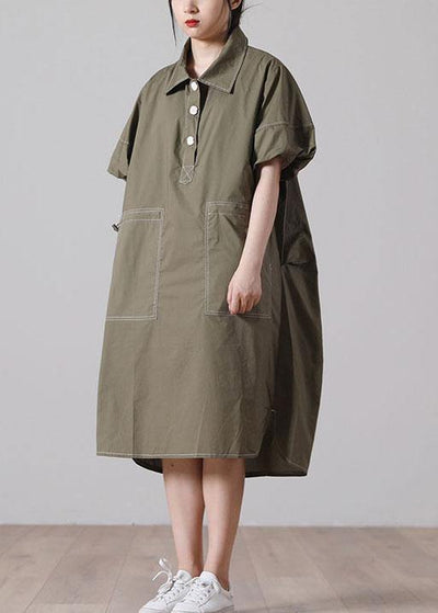 Casual Army Green Peter Pan Collar Button Maxi Summer Cotton Dress - bagstylebliss