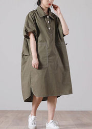 Casual Army Green Peter Pan Collar Button Maxi Summer Cotton Dress - bagstylebliss